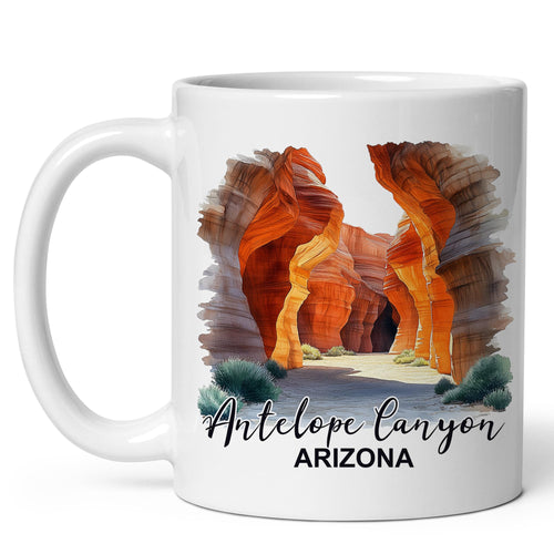 White ceramic Antelope Canyon Arizona coffee mug, 11oz, with iconic red sandstone slot canyon graphic, comfortable handle grip