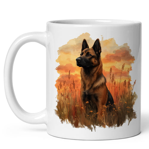 White ceramic Belgian Malinois coffee mug, 11oz, with alert working Mali dog graphic, comfortable C-handle grip