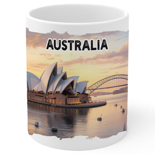 White ceramic Australia coffee mug, 11oz, with Land Down Under Australia graphic, comfortable handle grip