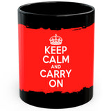 Keep Calm and Carry On Mug 11oz — Black Ceramic British Quote Coffee Mug 1