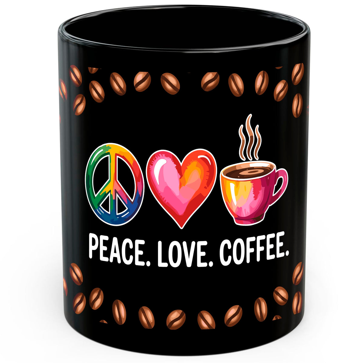 Peace Love Coffee Mug 11oz — Black Ceramic Hippie Retro Coffee Mug
