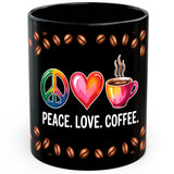 Peace Love Coffee Mug 11oz — Black Ceramic Hippie Retro Coffee Mug 1