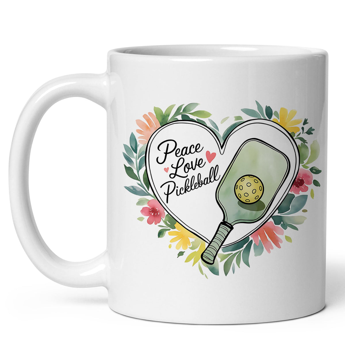 Peace Love Pickleball Coffee Mug 11oz — White Ceramic Pickleball Gift Mug