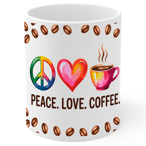 Peace Love Coffee Mug 11oz — White Ceramic Hippie Retro Coffee Mug