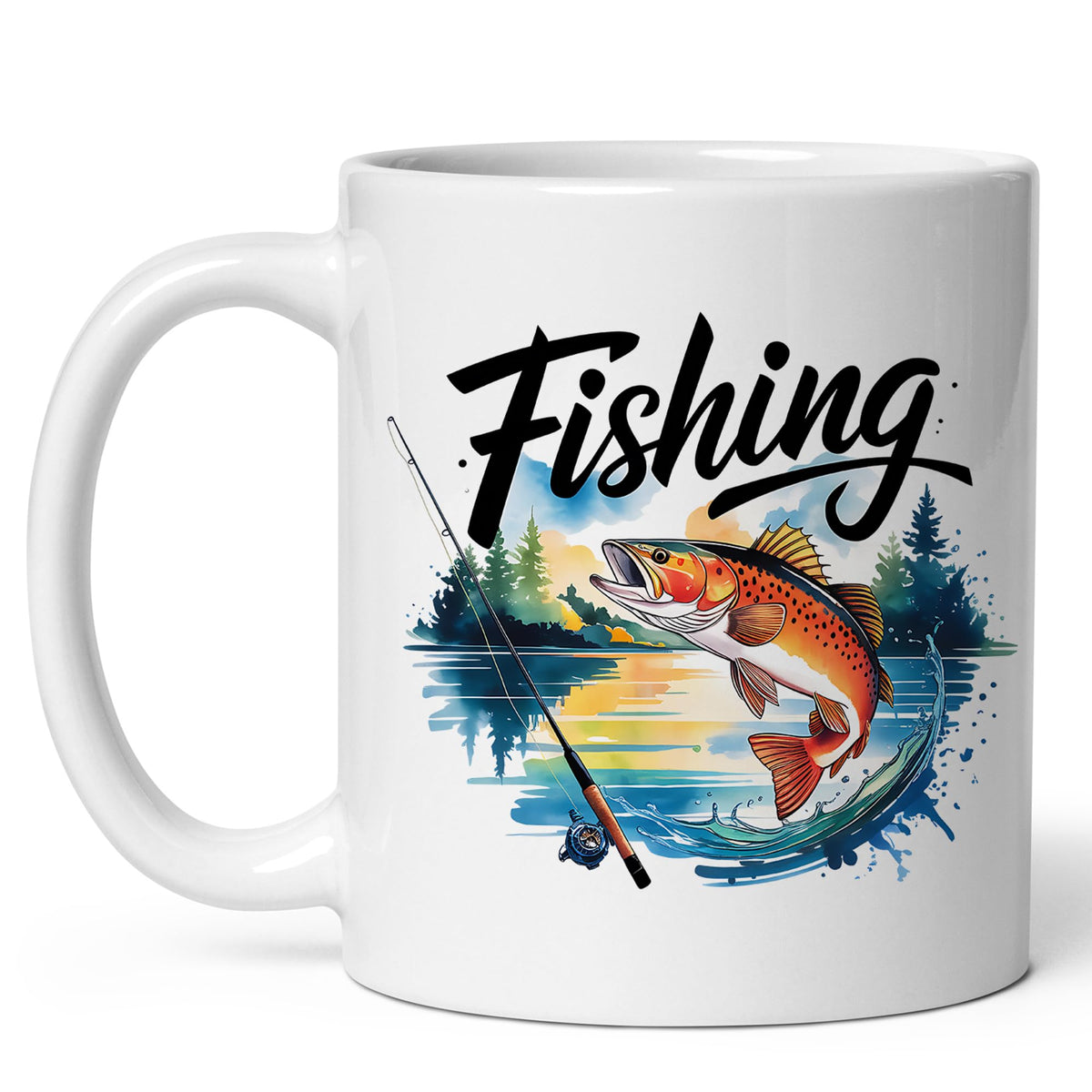 Fishing Coffee Mug 11oz — Ceramic Rod & Reel Gift Mug for Anglers