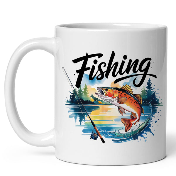 Fishing Coffee Mug 11oz — Ceramic Rod & Reel Gift Mug for Anglers