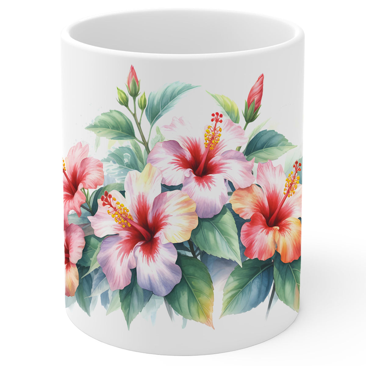 Hibiscus Coffee Mug 11oz — White Ceramic Tropical Floral Gift Mug