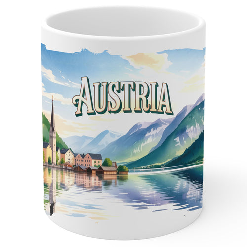 White ceramic Austria coffee mug, 11oz, with Alpine Heritage Austria landmark graphic, comfortable handle grip