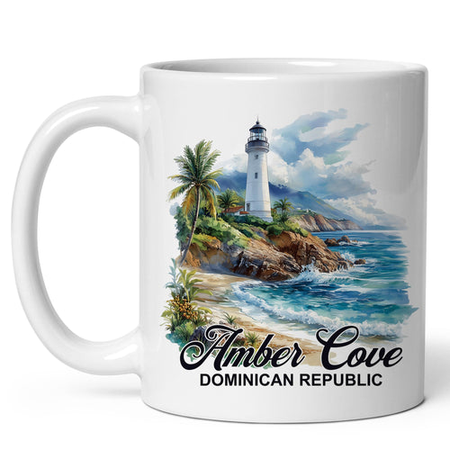 White ceramic Amber Cove Dominican Republic coffee mug, 11oz, with Beach Ocean Tropical Amber Cove landmark graphic, comfortable handle grip
