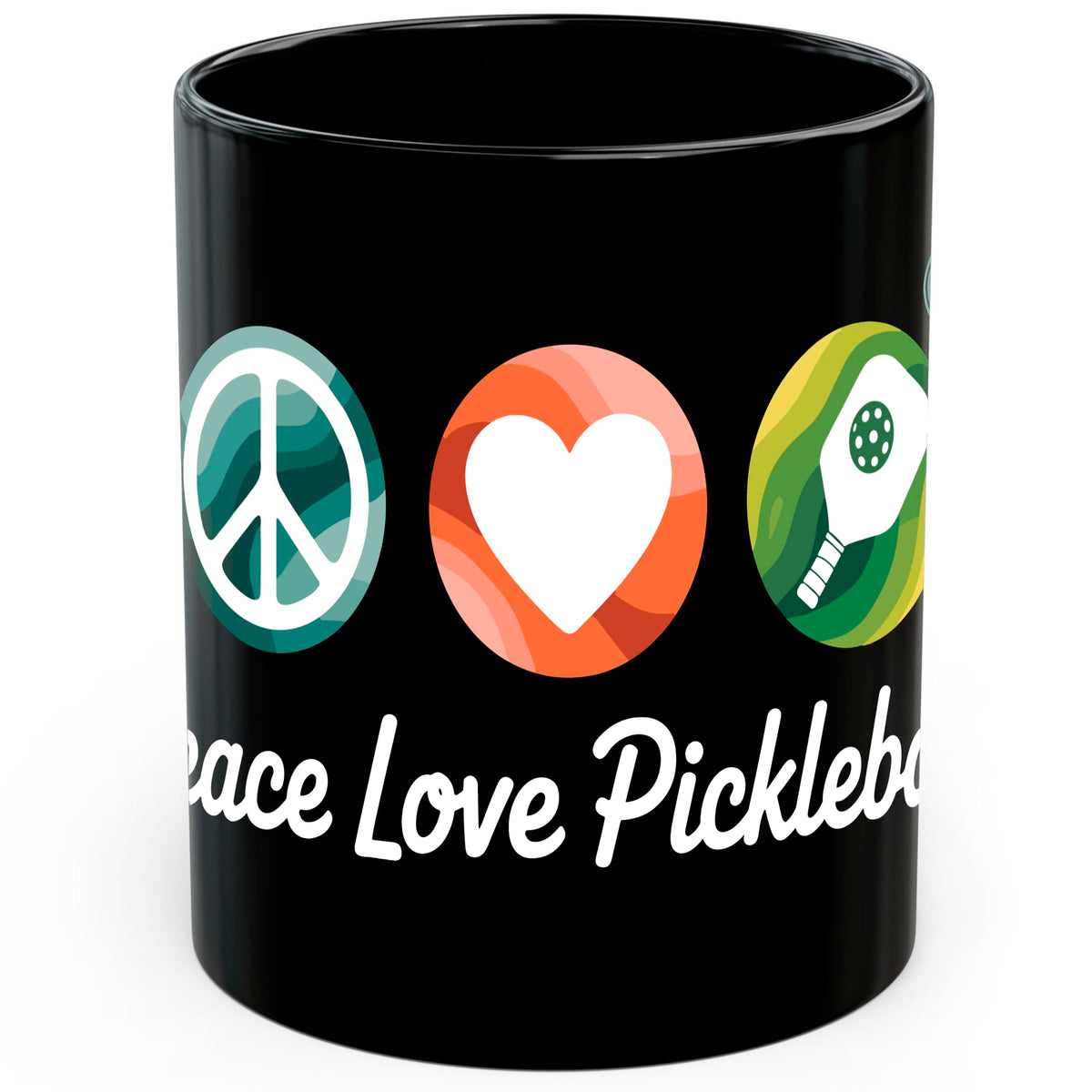 Peace Love Pickleball Mug 11oz — Black Ceramic Pickleball Coffee Mug