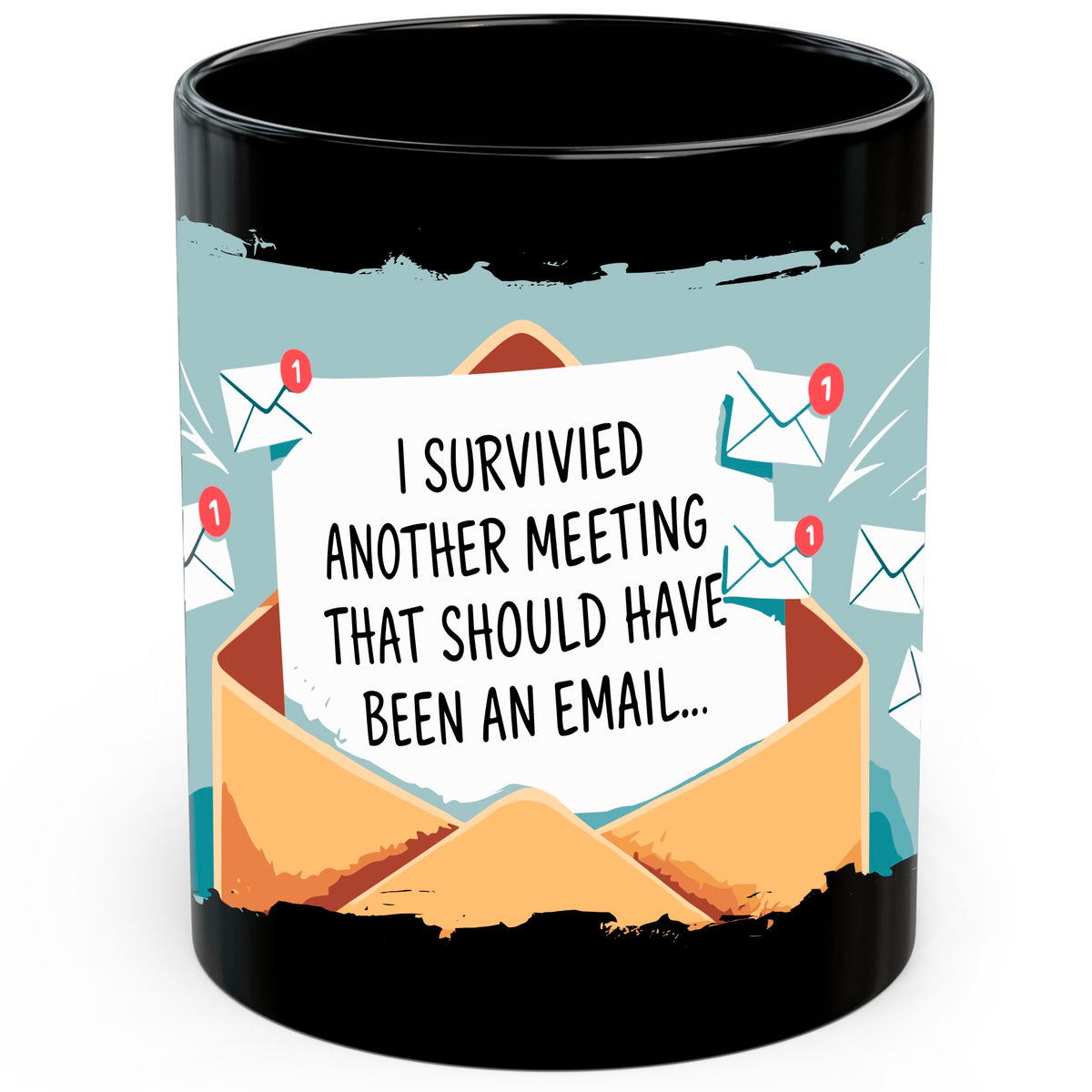 I Survived Meeting Mug 11oz — Black Ceramic Office Humor Coffee Mug
