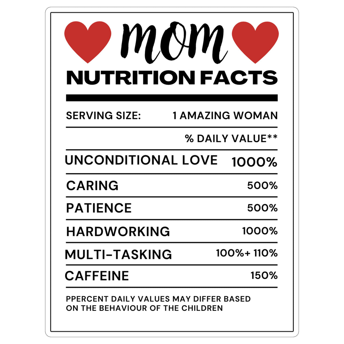 Mom Nutrition Facts Sticker 4 Inch — Waterproof Vinyl Decal Funny Label Gag Gift