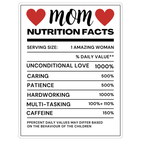 Mom Nutrition Facts Sticker 4 Inch — Waterproof Vinyl Decal Funny Label Gag Gift