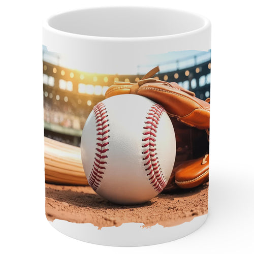 White ceramic baseball coffee mug, 11oz, with vintage baseball graphic on side, comfortable C-handle grip