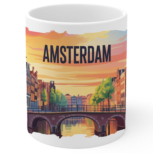 White ceramic Amsterdam Netherlands coffee mug, 11oz, with Venice of the North Amsterdam landmark graphic, comfortable handle grip