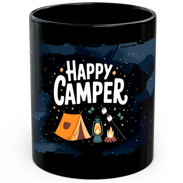 Happy Camper Mug 11oz — Black Ceramic Camping Coffee Mug