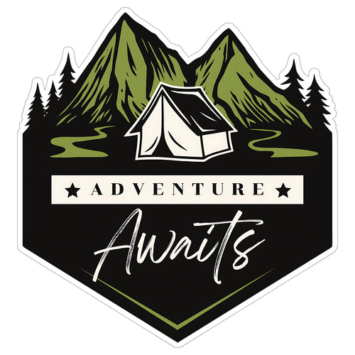 Adventure Awaits 4 inch waterproof vinyl sticker decal, hiking camping outdoors design, durable laptop water bottle car tumbler decor