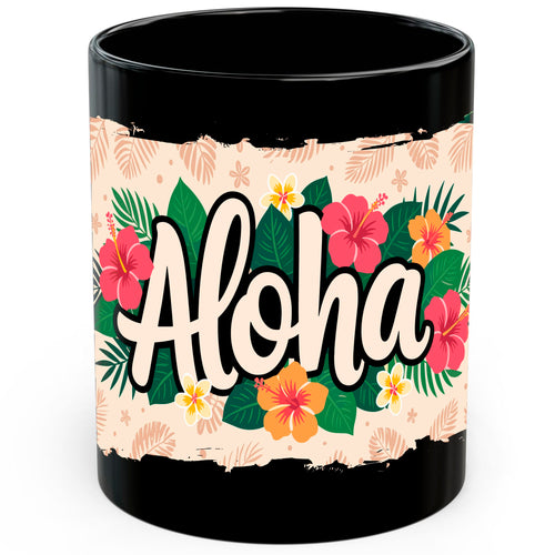 Black ceramic Aloha Hawaii coffee mug, 11oz, with Hawaiian Tropical Island Vibes Aloha landmark graphic, comfortable handle grip
