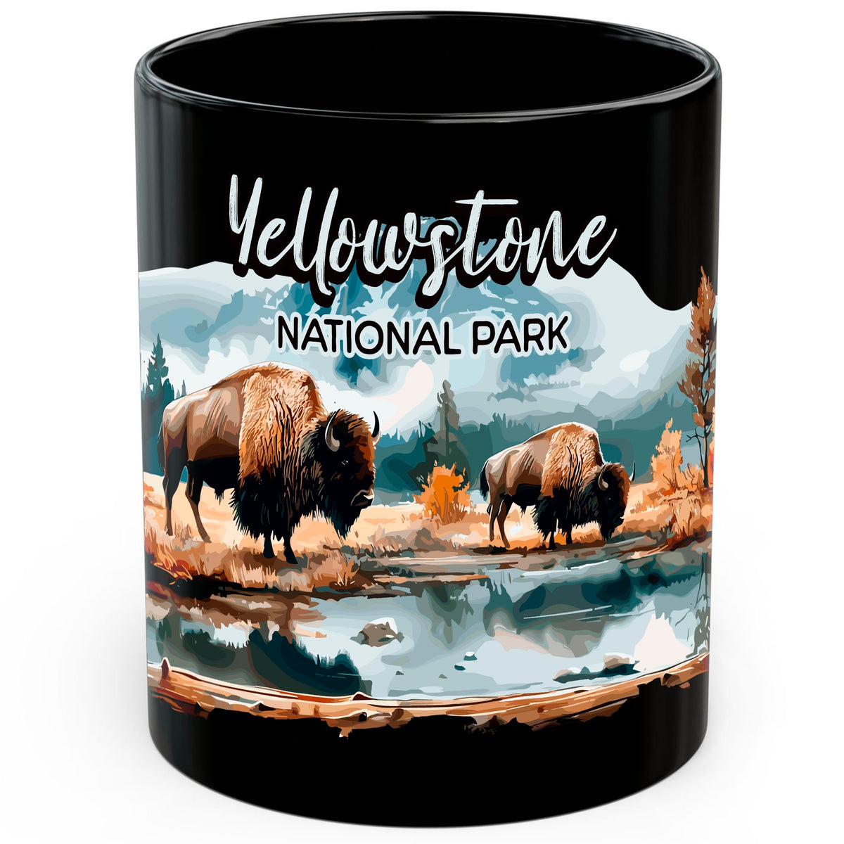 Yellowstone National Park Mug 11oz — Black Ceramic Geysers Wildlife Mug
