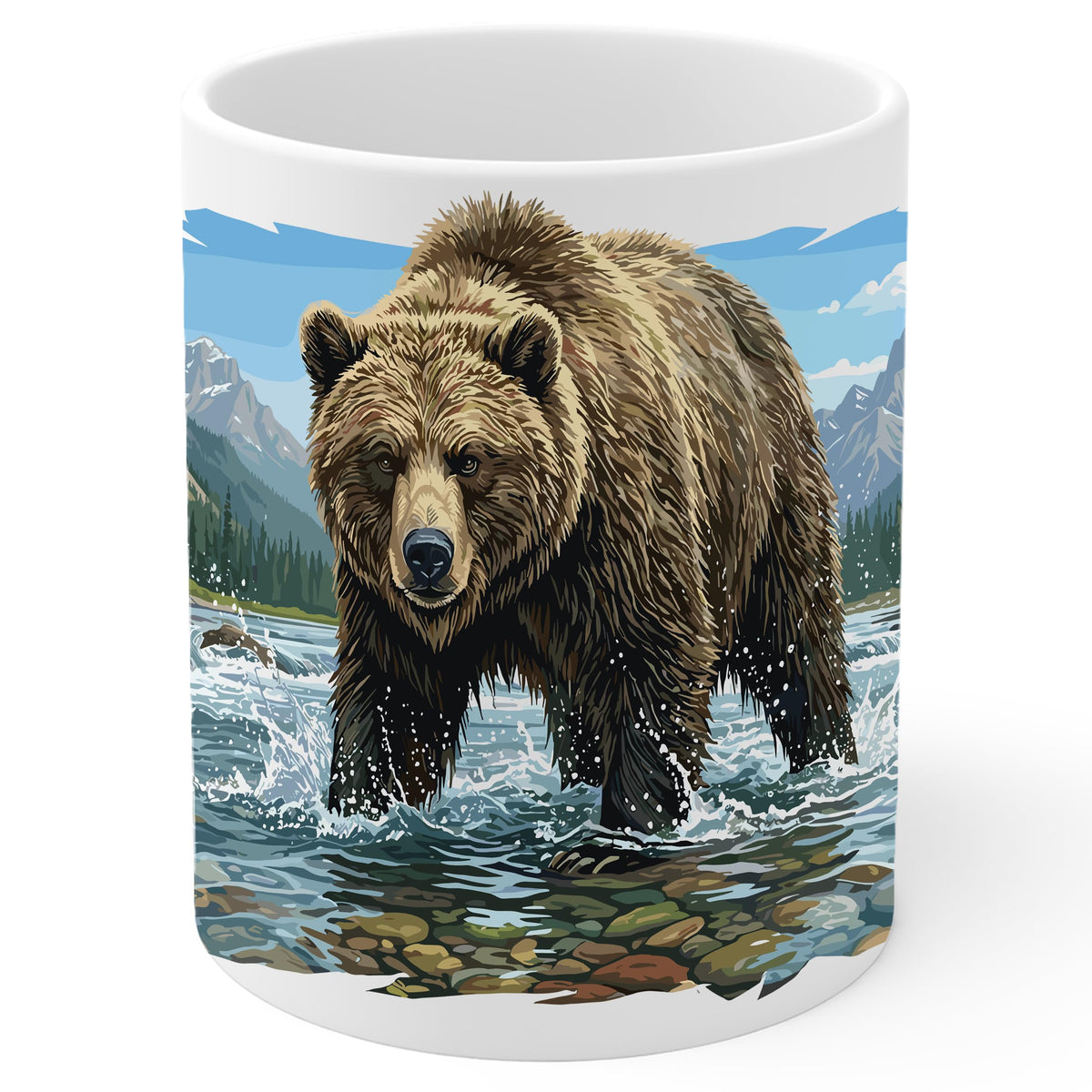 Grizzly Bear Coffee Mug 11oz — White Ceramic Brown Kodiak Wildlife Mug