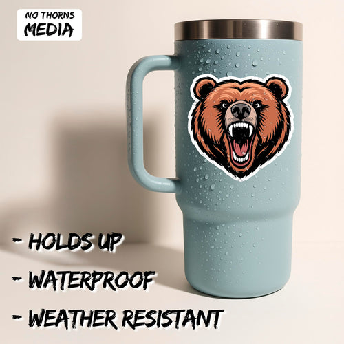 Angry Bear 4 inch waterproof vinyl sticker decal 2-pack, grizzly roar wildlife design, durable laptop water bottle car tumbler decor