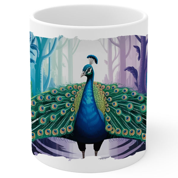 Peacock Mug 11oz — White Ceramic Vibrant Bird Coffee Mug for Peacock Lovers
