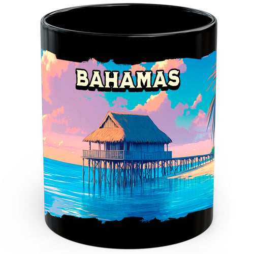 Black ceramic Bahamas coffee mug, 11oz, with Tropical Island Beaches Bahamas landmark graphic, comfortable handle grip