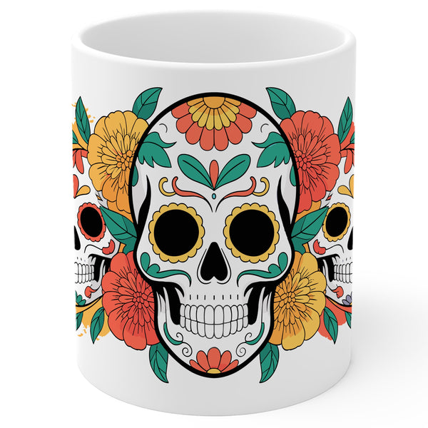 Sugar Skull Coffee Mug 11oz — White Ceramic Dia De Los Muertos Mug