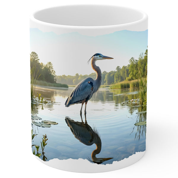 Heron Mug 11oz — White Ceramic Marsh Bird Wildlife Coffee Mug