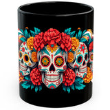 Sugar Skull Mug 11oz — Black Ceramic Day of the Dead Mexican Holiday Mug 1