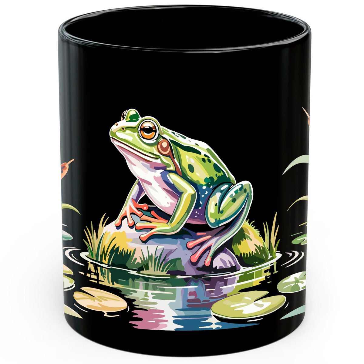Frog Mug 11oz — Black Ceramic Green Amphibian Coffee Mug