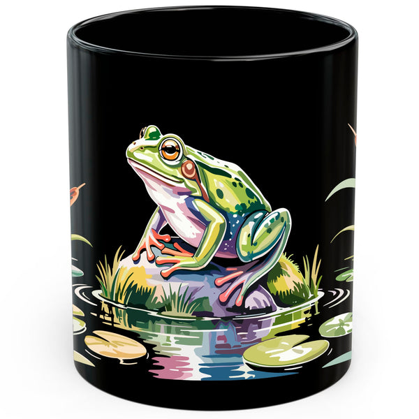 Frog Mug 11oz — Black Ceramic Green Amphibian Coffee Mug