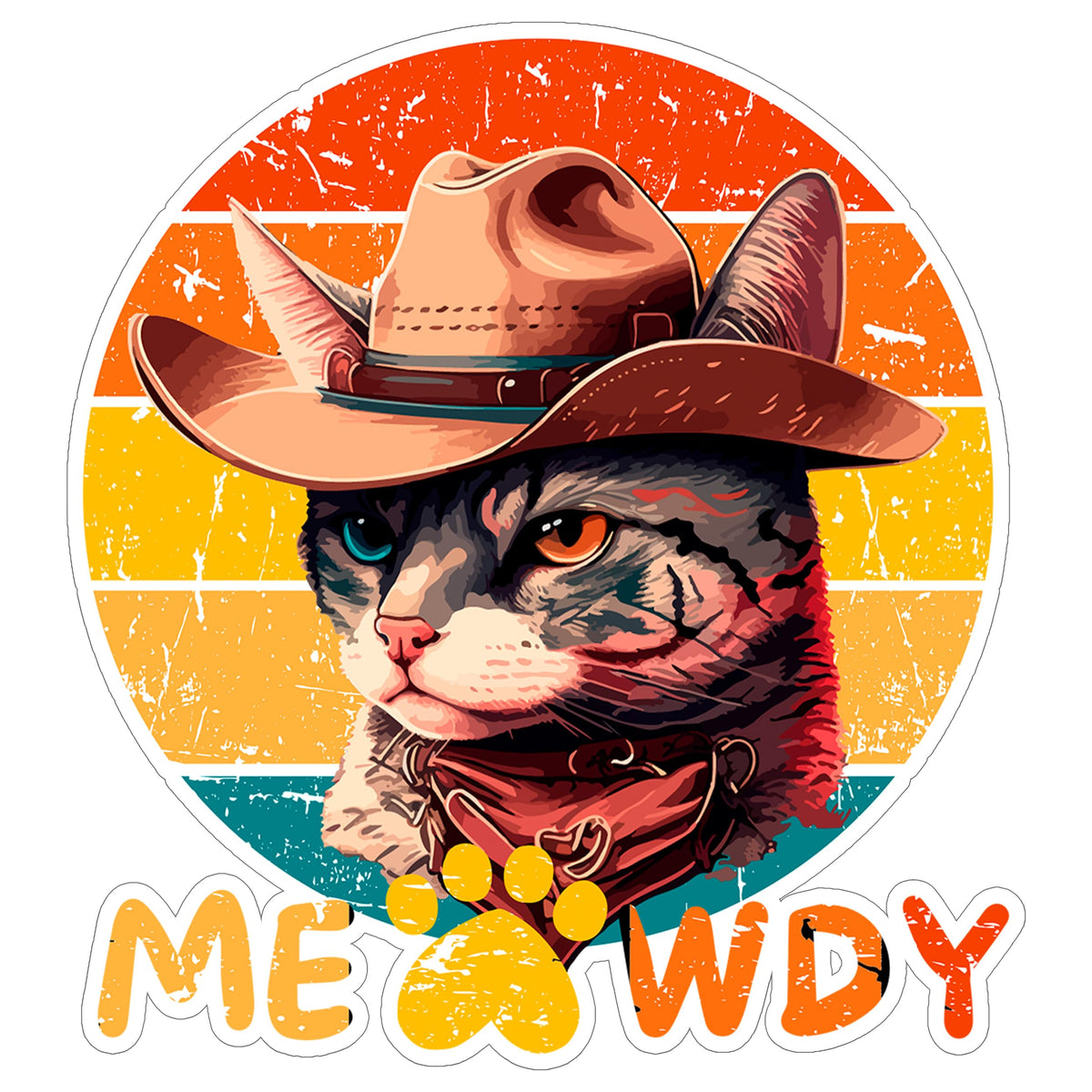 Meowdy Cat Sticker 4 Inch — Waterproof Vinyl Decal Cowboy Western Pun Cat