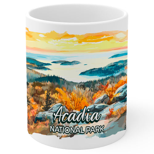 White ceramic Acadia National Park Maine coffee mug, 11oz, with rocky coastal landscape and Cadillac Mountain graphic, comfortable C-handle grip