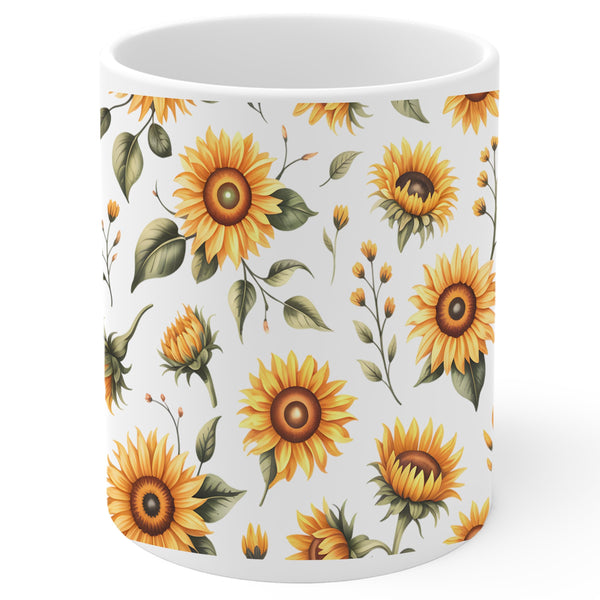 Sunflower Coffee Mug 11oz — White Ceramic Floral Gift Mug for Flower Lovers