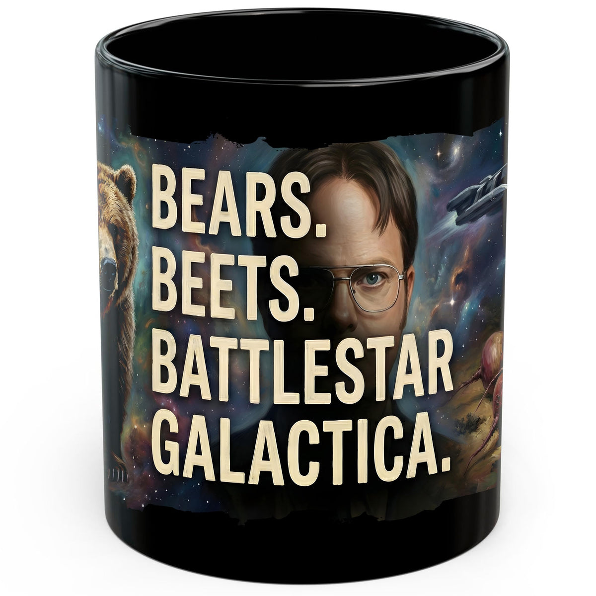 Bears Beets Battlestar Galactica Mug 11oz — Black Ceramic Sitcom Quote