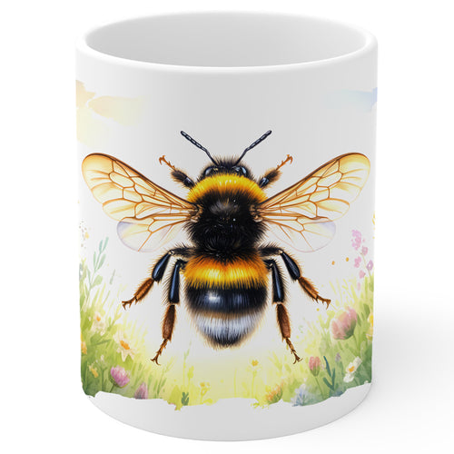 White ceramic bee mug, 11oz, with detailed honey bumblebee with flowers graphic, ergonomic handle