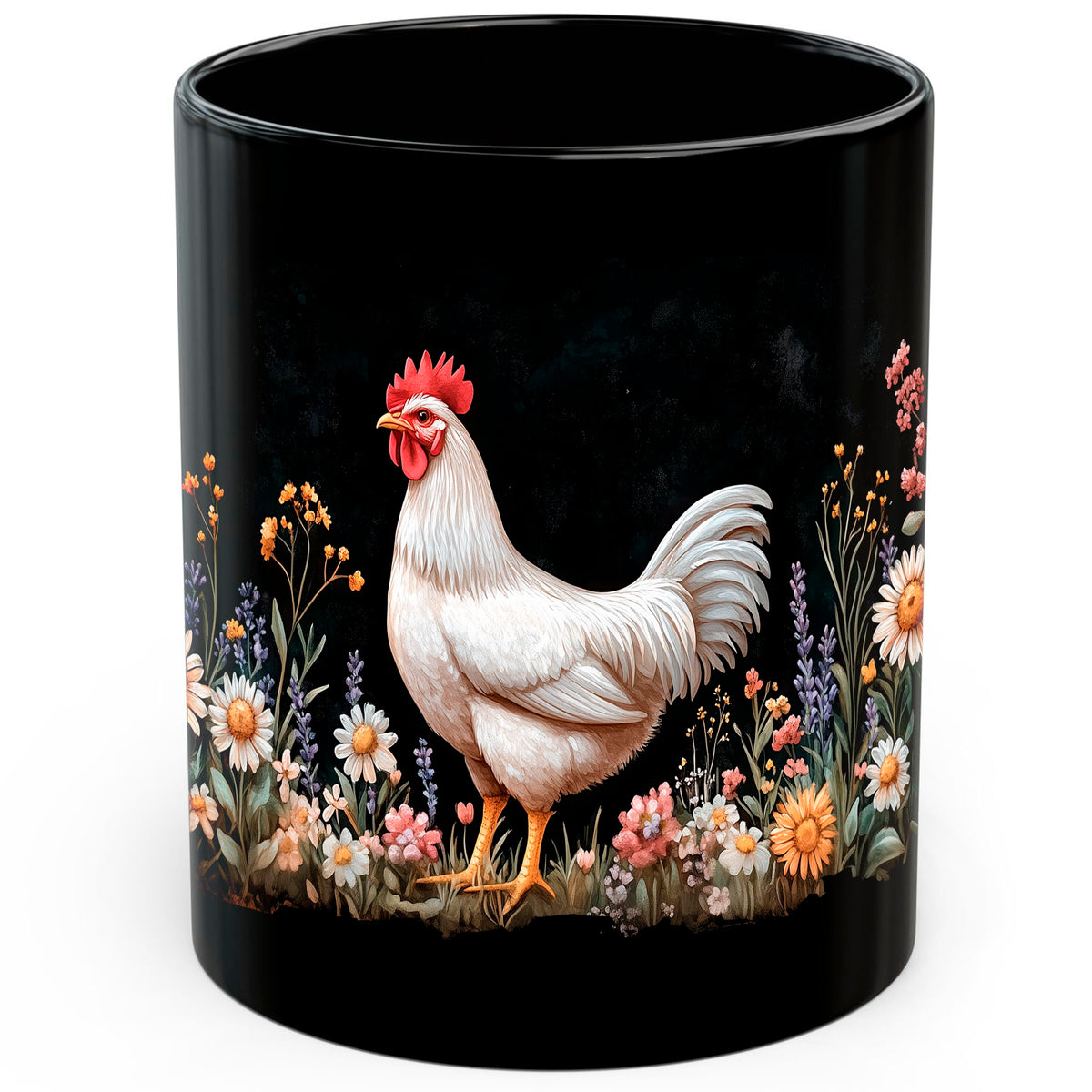 Chicken Mug 11oz — Black Ceramic Farmyard Hen Coffee Mug