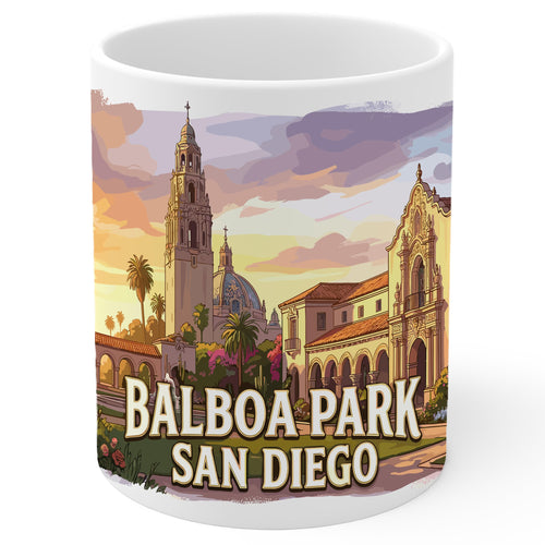 White ceramic Balboa Park San Diego California coffee mug, 11oz, with Crown Jewel Balboa Park landmark graphic, comfortable handle grip