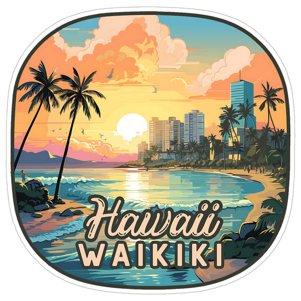Waikiki Hawaii Sticker 4 Inch Travel Souvenir City Destination - Waterproof Vinyl Decal for Laptop Water Bottle Car Tumbler - Durable Aesthetic Long-Lasting Stickers for Adults ID44990