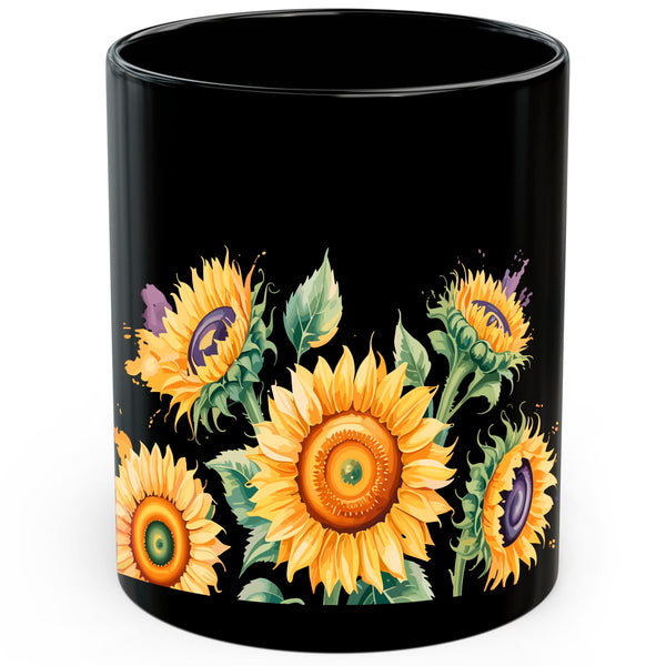 Sunflower Coffee Mug 11oz — Black Ceramic Yellow Floral Bloom Mug