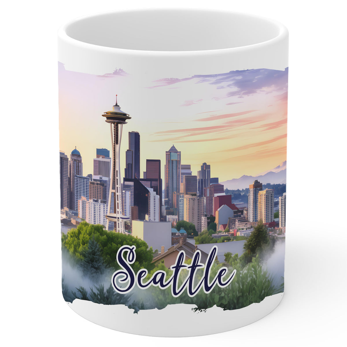 Seattle Skyline Washington Mug 11oz — White Ceramic City Skyline Urban View
