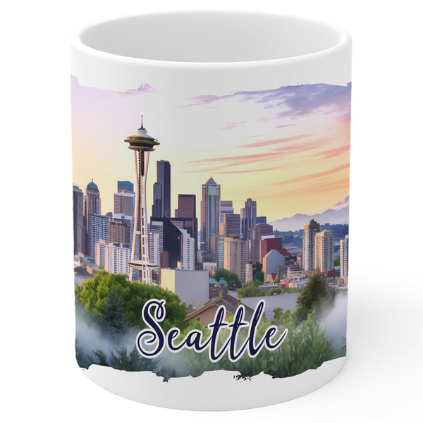 Seattle Skyline Washington Mug 11oz — White Ceramic City Skyline Urban View