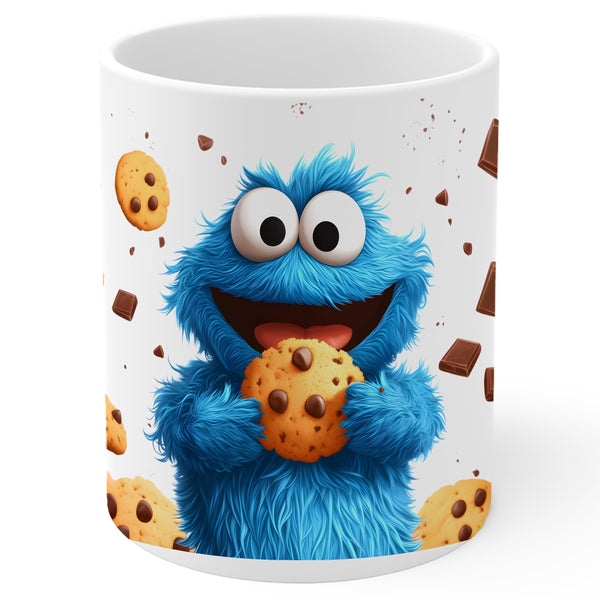 Blue Cookie Character Mug 11oz — White Ceramic Funny Cookie Theme Coffee Mug