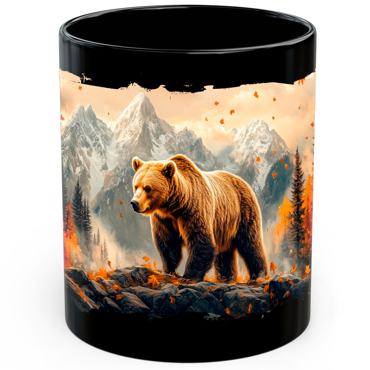Grizzly Bear Mug 11oz — Black Ceramic Powerful Mountain Animal Coffee Mug