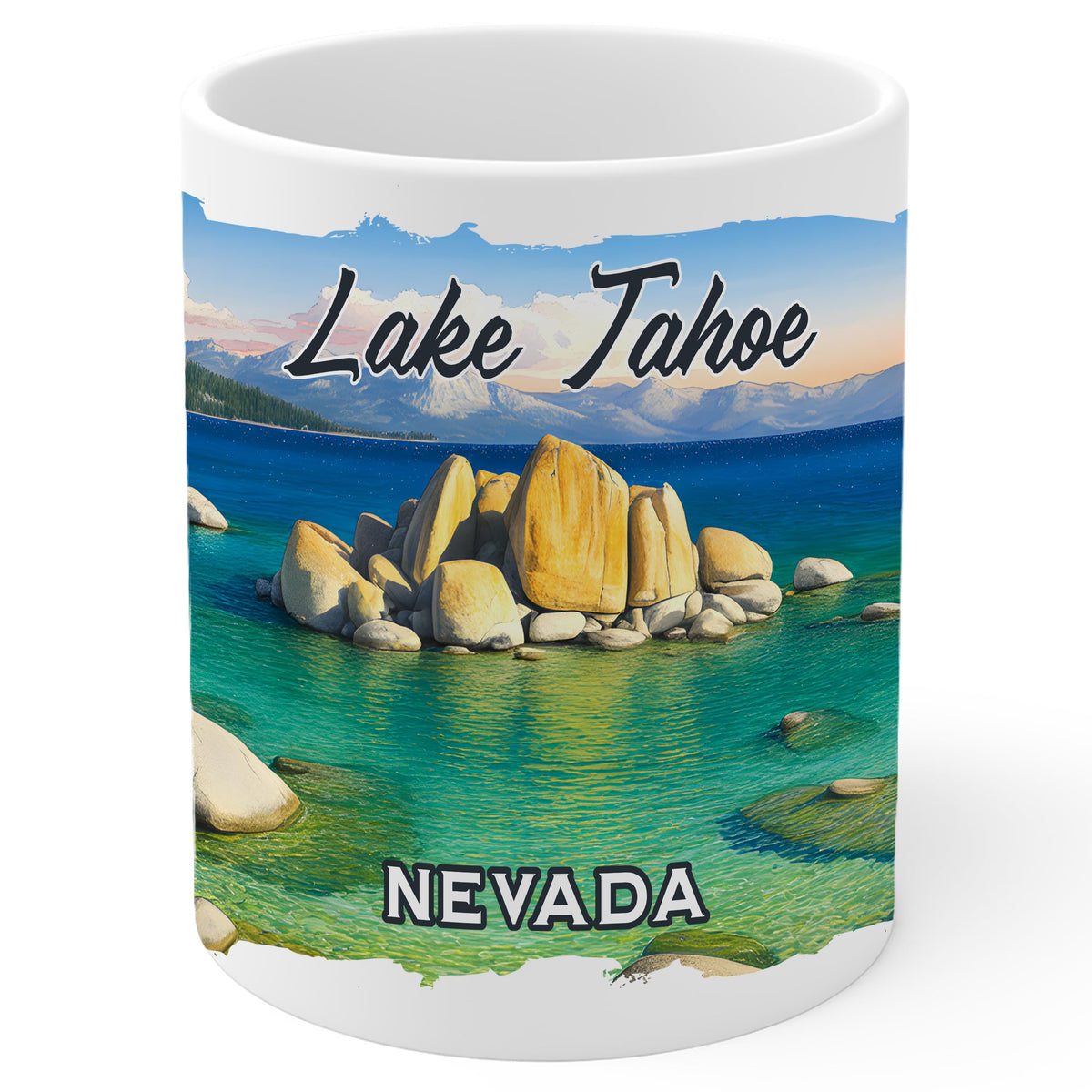 Lake Tahoe Nevada Coffee Mug 11oz — White Ceramic Big Blue Mug