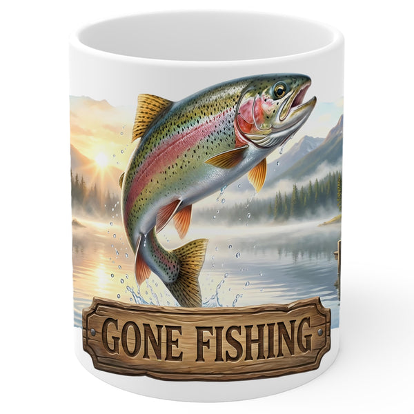 Gone Fishing Coffee Mug 11oz — Retro Cabin Ceramic Mug for Lake House