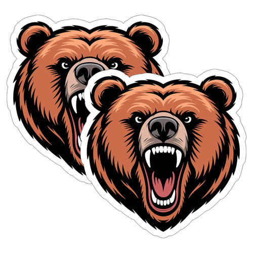 Angry Bear 4 inch waterproof vinyl sticker decal 2-pack, grizzly roar wildlife design, durable laptop water bottle car tumbler decor
