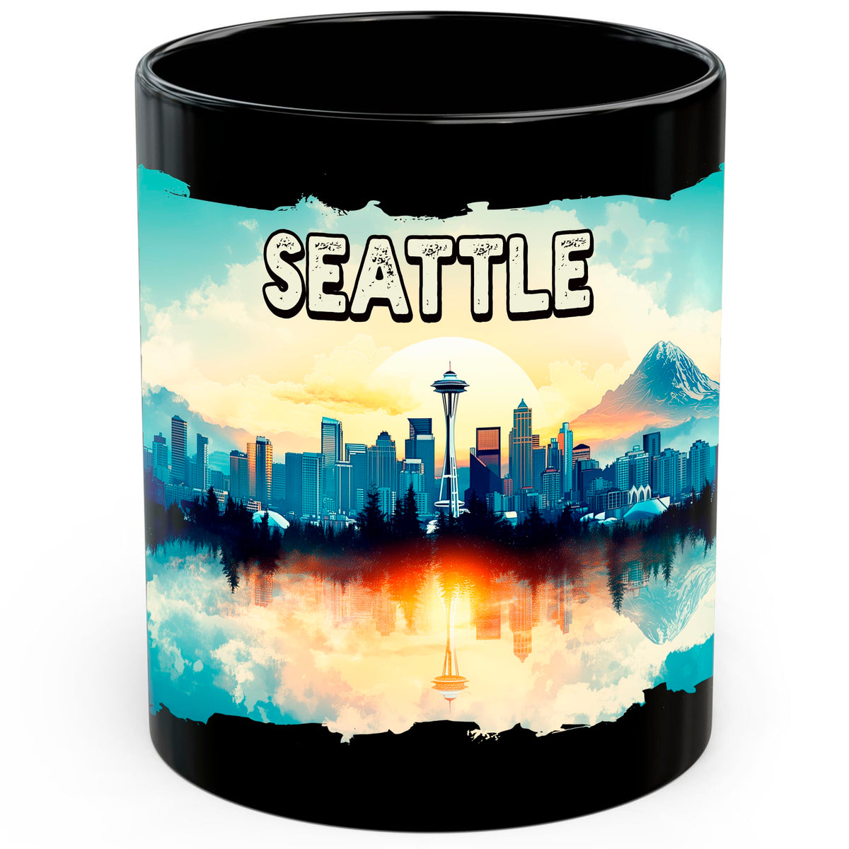 Seattle Skyline Washington Mug 11oz — Black Ceramic Space Needle Cityscape
