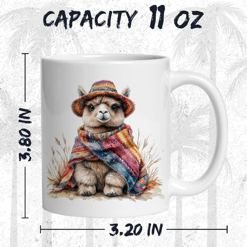 White ceramic Alpaca coffee mug, 11oz, with cute fluffy alpaca farm animal graphic, comfortable C-handle grip